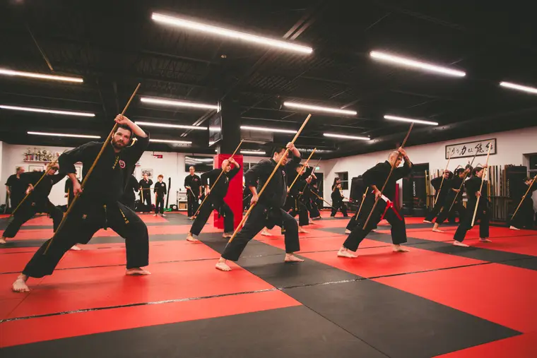 Cours d’arts martiaux, bâtons levés en position de garde