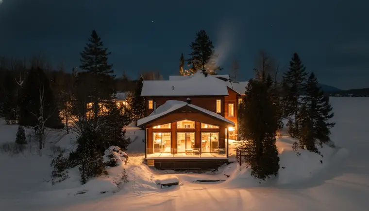 Chalet illuminé dans la neige, à la nuit tombée